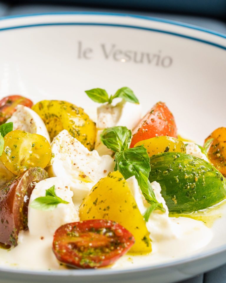 Delicious Caprese salad with creamy burrata from Le Vesuvio Restaurant - fine dining experience at Jeddah Yacht Club